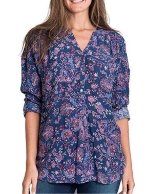 Nine West Jeans Blue Floral Print Blouse XXL Boho Peasant Top